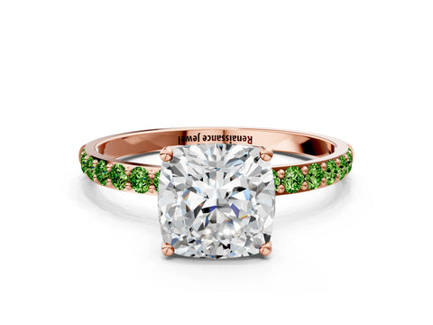 Rose gold Cushion Cut Diamond Solitaire Engagement Ring with Round with Peridot side stone Pavé Band and Prong Setting