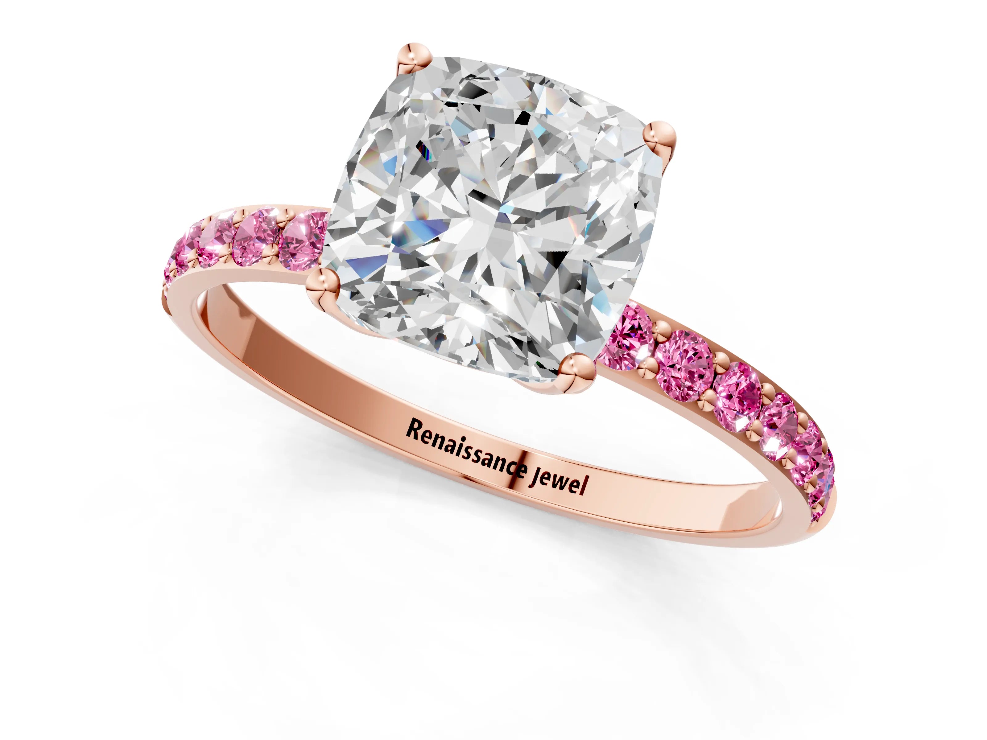 Rose gold Cushion Cut Diamond Solitaire Engagement Ring with Round with Pink Sapphire side stone Pavé Band and Prong Setting_1