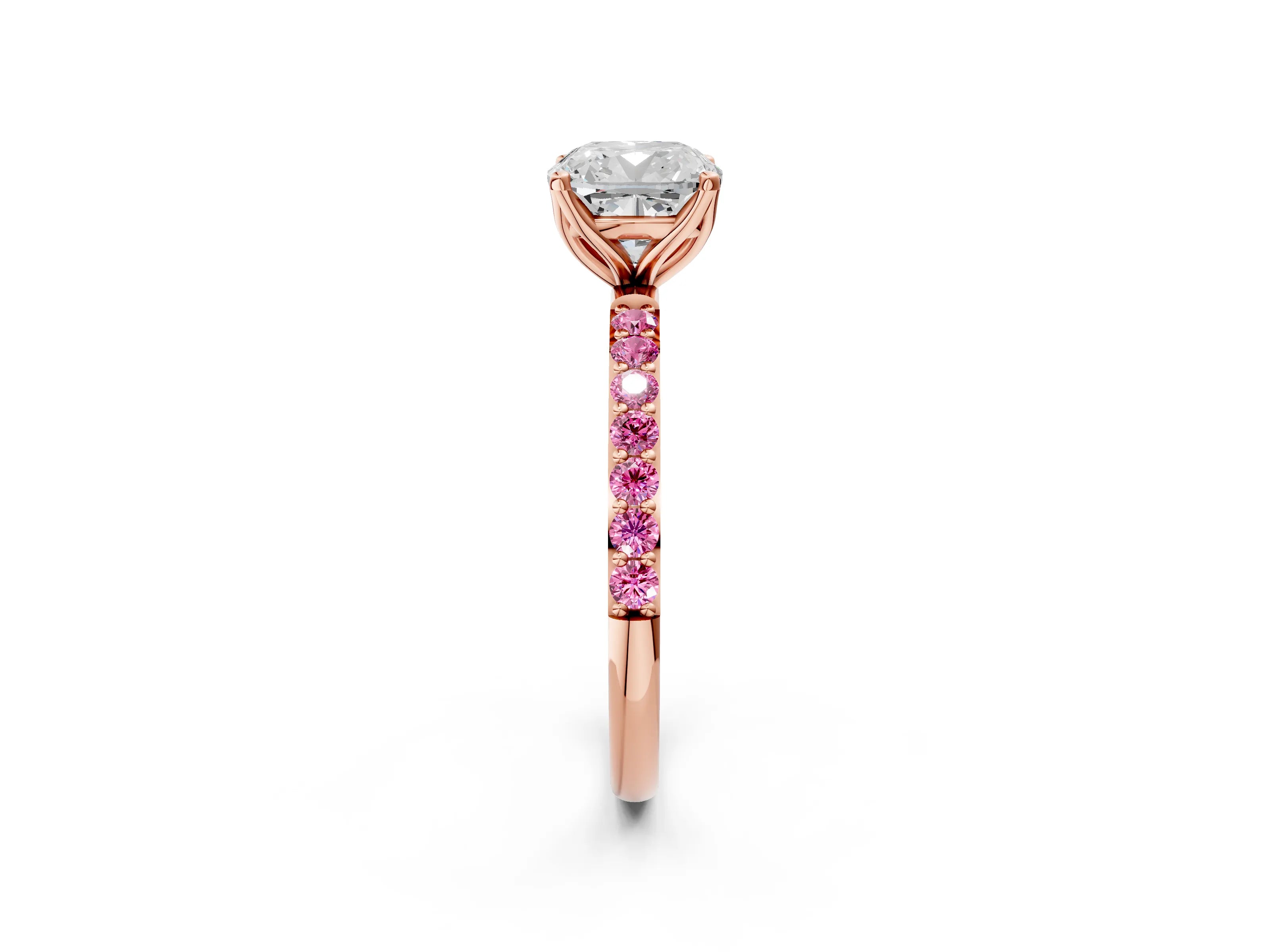 Rose gold Cushion Cut Diamond Solitaire Engagement Ring with Round with Pink Sapphire side stone Pavé Band and Prong Setting_2