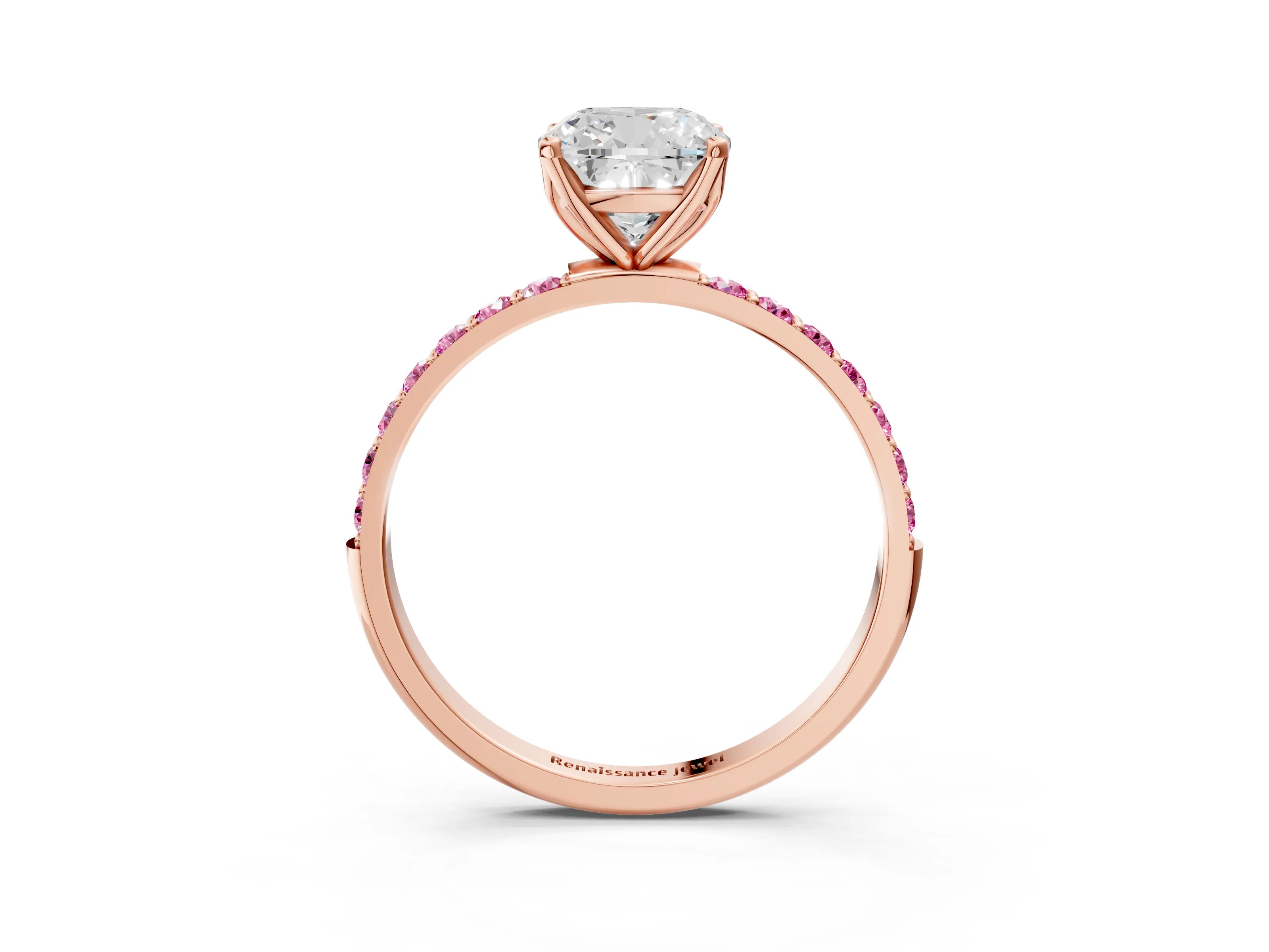 Rose gold Cushion Cut Diamond Solitaire Engagement Ring with Round with Pink Sapphire side stone Pavé Band and Prong Setting_3