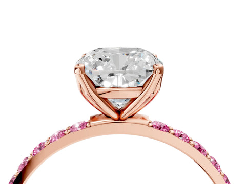 Rose gold Cushion Cut Diamond Solitaire Engagement Ring with Round with Pink Sapphire side stone Pavé Band and Prong Setting_4