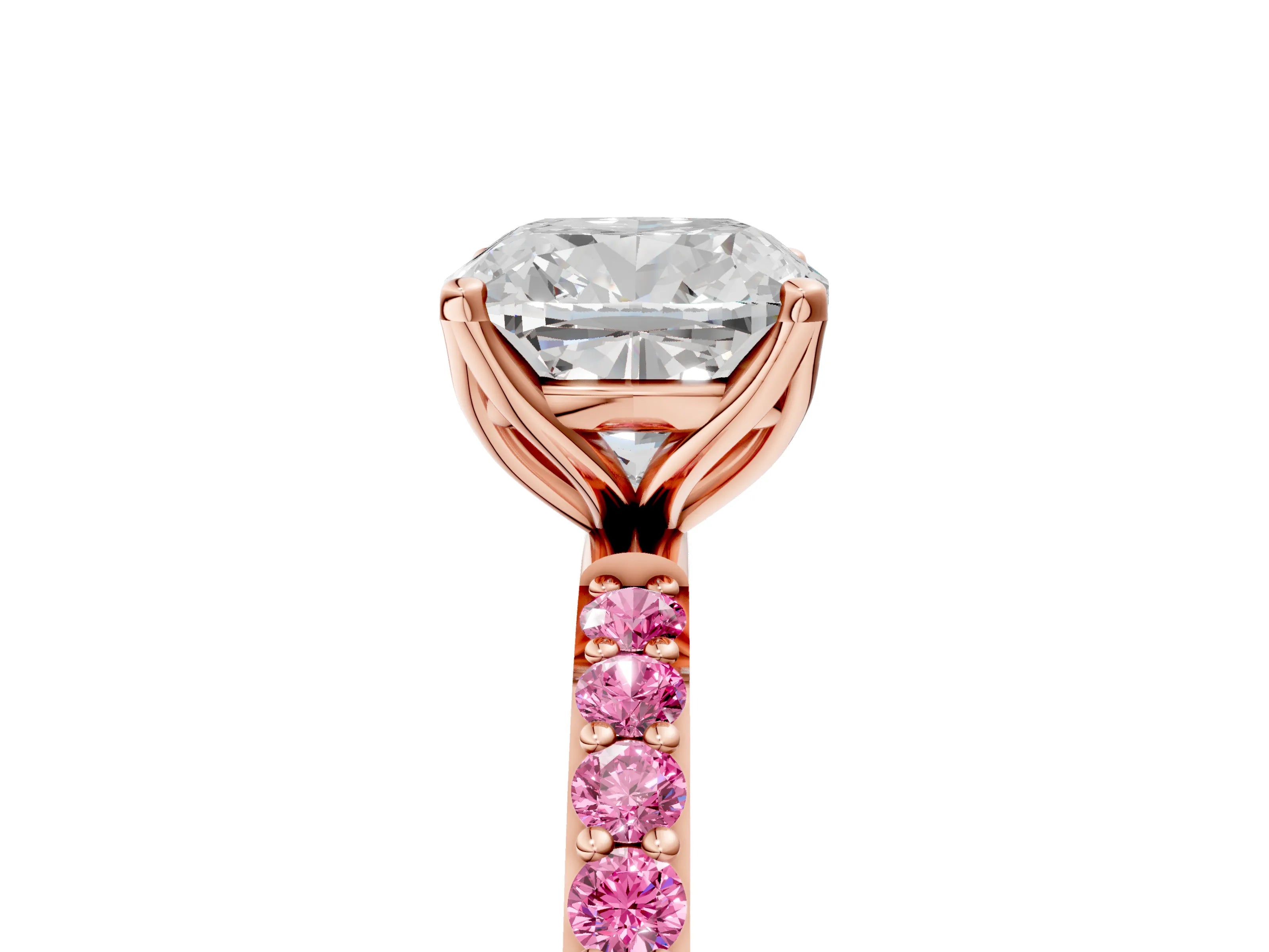 Rose gold Cushion Cut Diamond Solitaire Engagement Ring with Round with Pink Sapphire side stone Pavé Band and Prong Setting_5