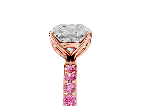 Rose gold Cushion Cut Diamond Solitaire Engagement Ring with Round with Pink Sapphire side stone Pavé Band and Prong Setting_5