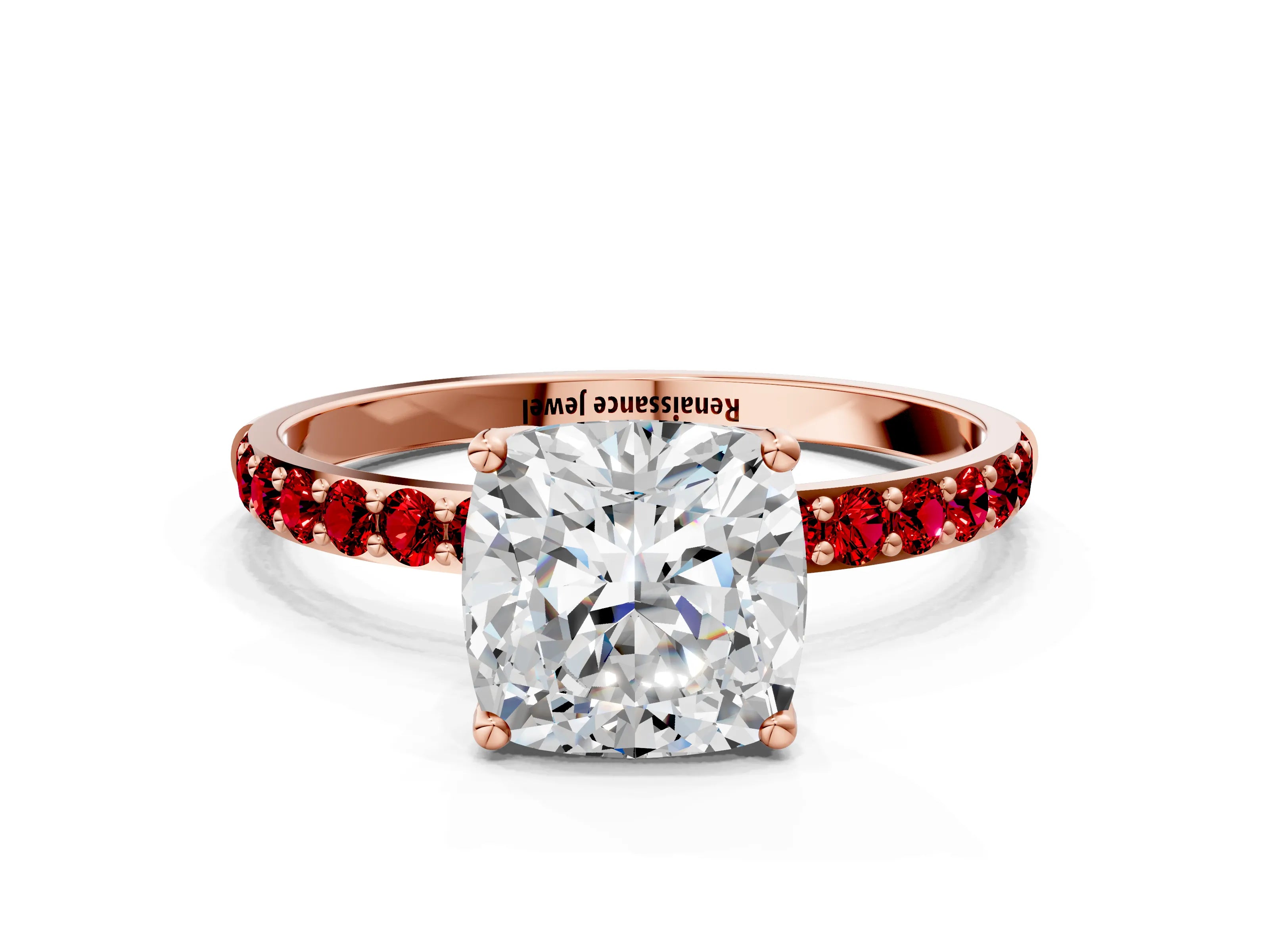Rose gold Cushion Cut Diamond Solitaire Engagement Ring with Round with Ruby side stone Pavé Band and Prong Setting