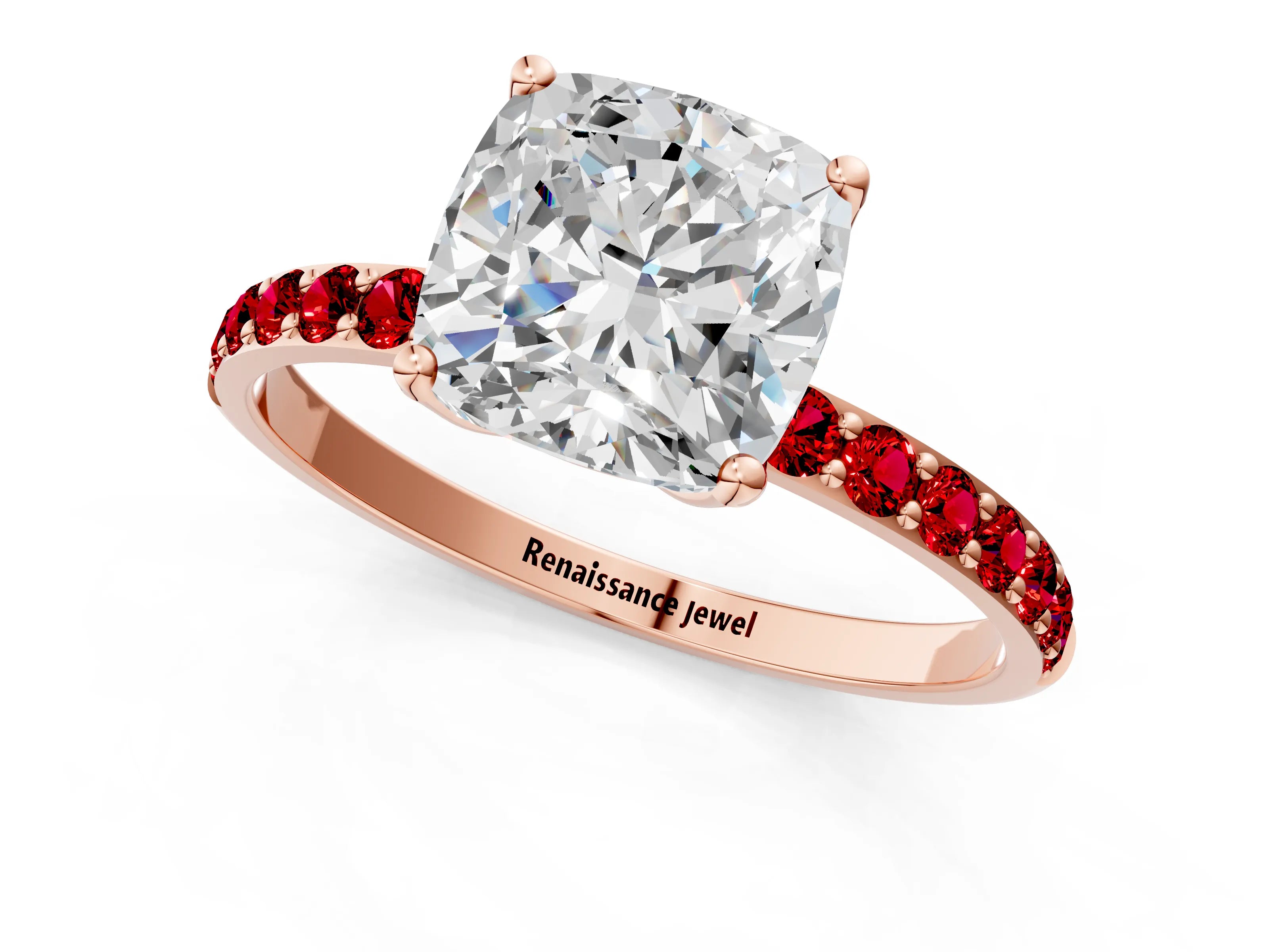 Rose gold Cushion Cut Diamond Solitaire Engagement Ring with Round with Ruby side stone Pavé Band and Prong Setting_1