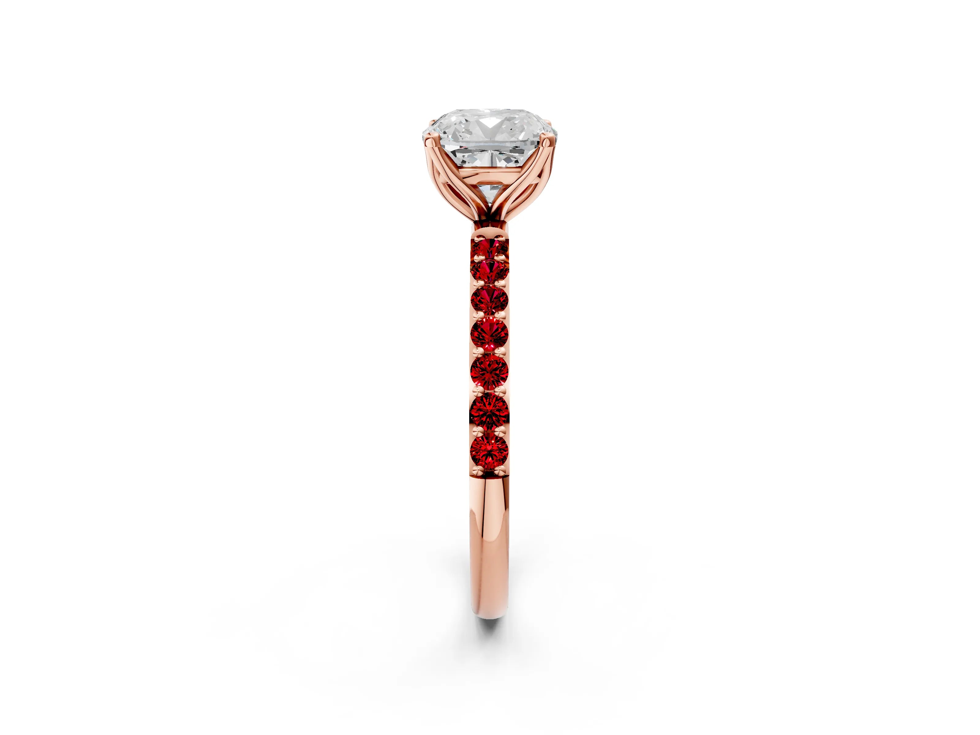 Rose gold Cushion Cut Diamond Solitaire Engagement Ring with Round with Ruby side stone Pavé Band and Prong Setting_2