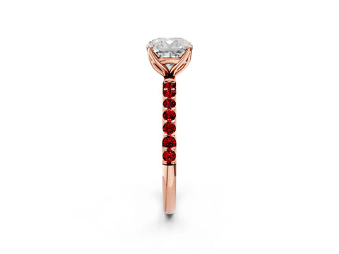 Rose gold Cushion Cut Diamond Solitaire Engagement Ring with Round with Ruby side stone Pavé Band and Prong Setting_2