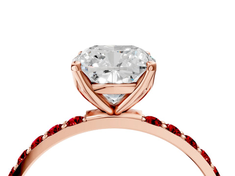 Rose gold Cushion Cut Diamond Solitaire Engagement Ring with Round with Ruby side stone Pavé Band and Prong Setting_4