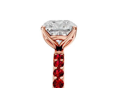 Rose gold Cushion Cut Diamond Solitaire Engagement Ring with Round with Ruby side stone Pavé Band and Prong Setting_5