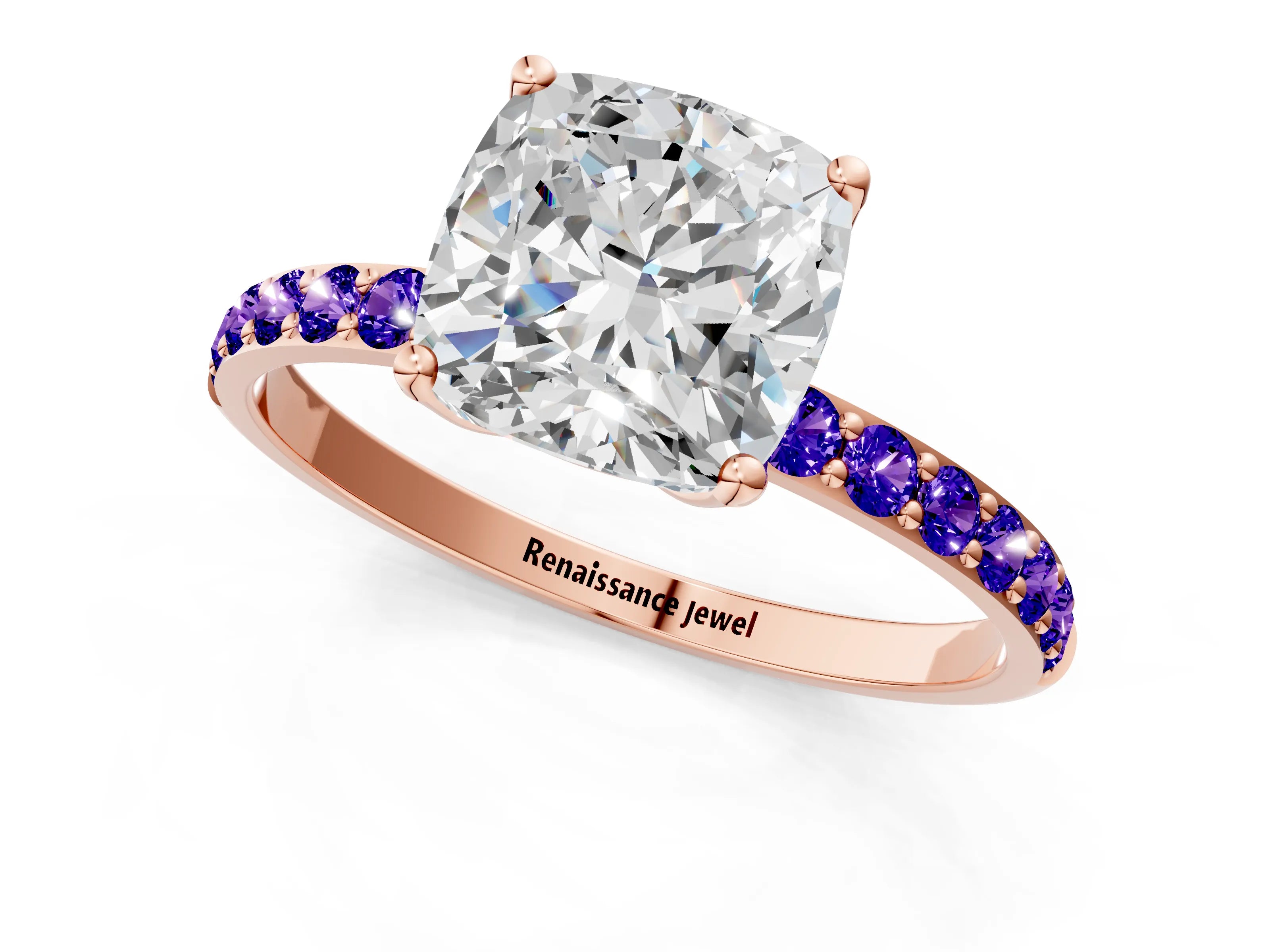 Rose gold Cushion Cut Diamond Solitaire Engagement Ring with Round with Tanzanite side stone Pavé Band and Prong Setting_1