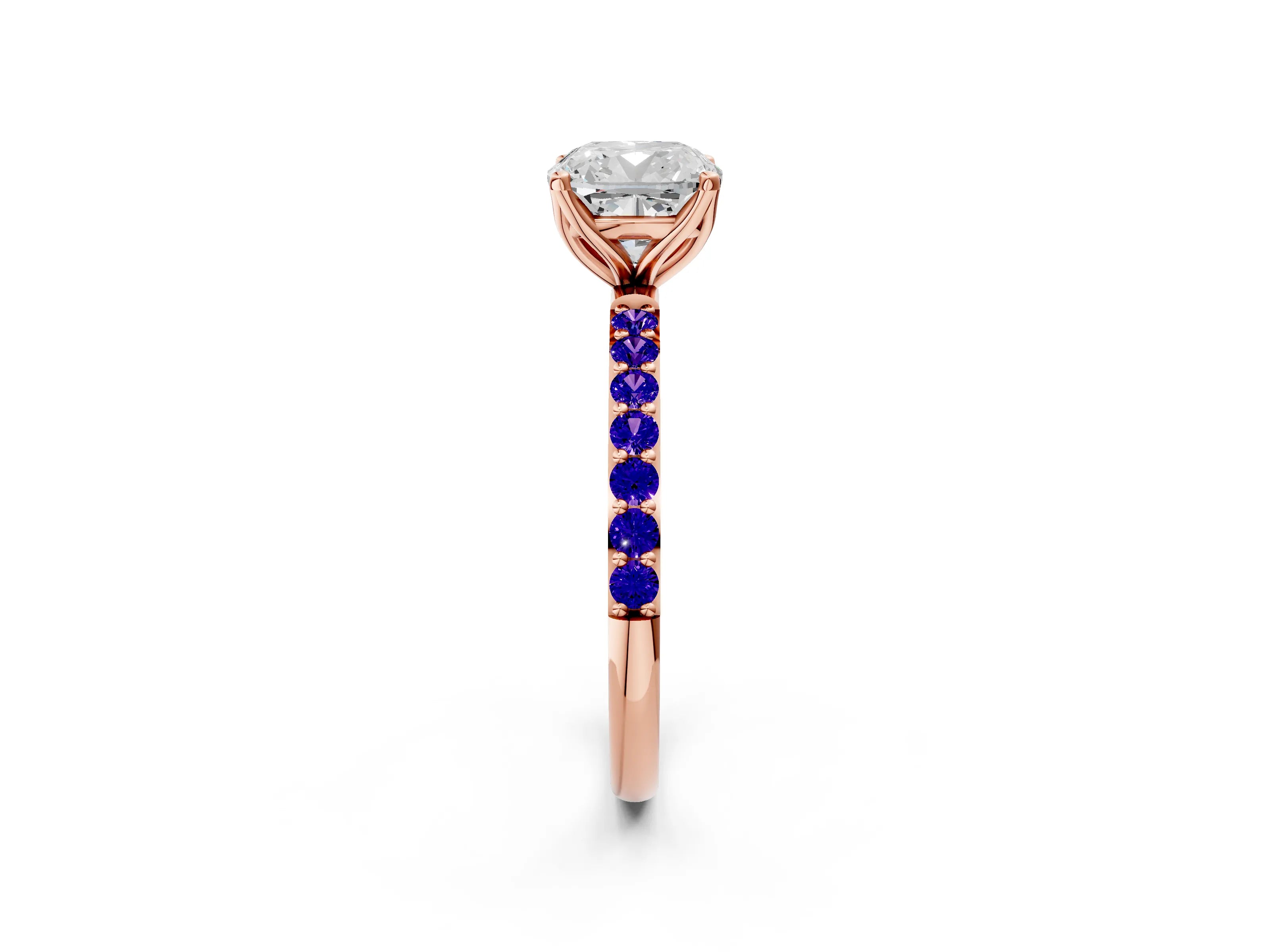 Rose gold Cushion Cut Diamond Solitaire Engagement Ring with Round with Tanzanite side stone Pavé Band and Prong Setting_2