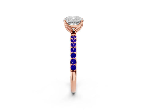 Rose gold Cushion Cut Diamond Solitaire Engagement Ring with Round with Tanzanite side stone Pavé Band and Prong Setting_2