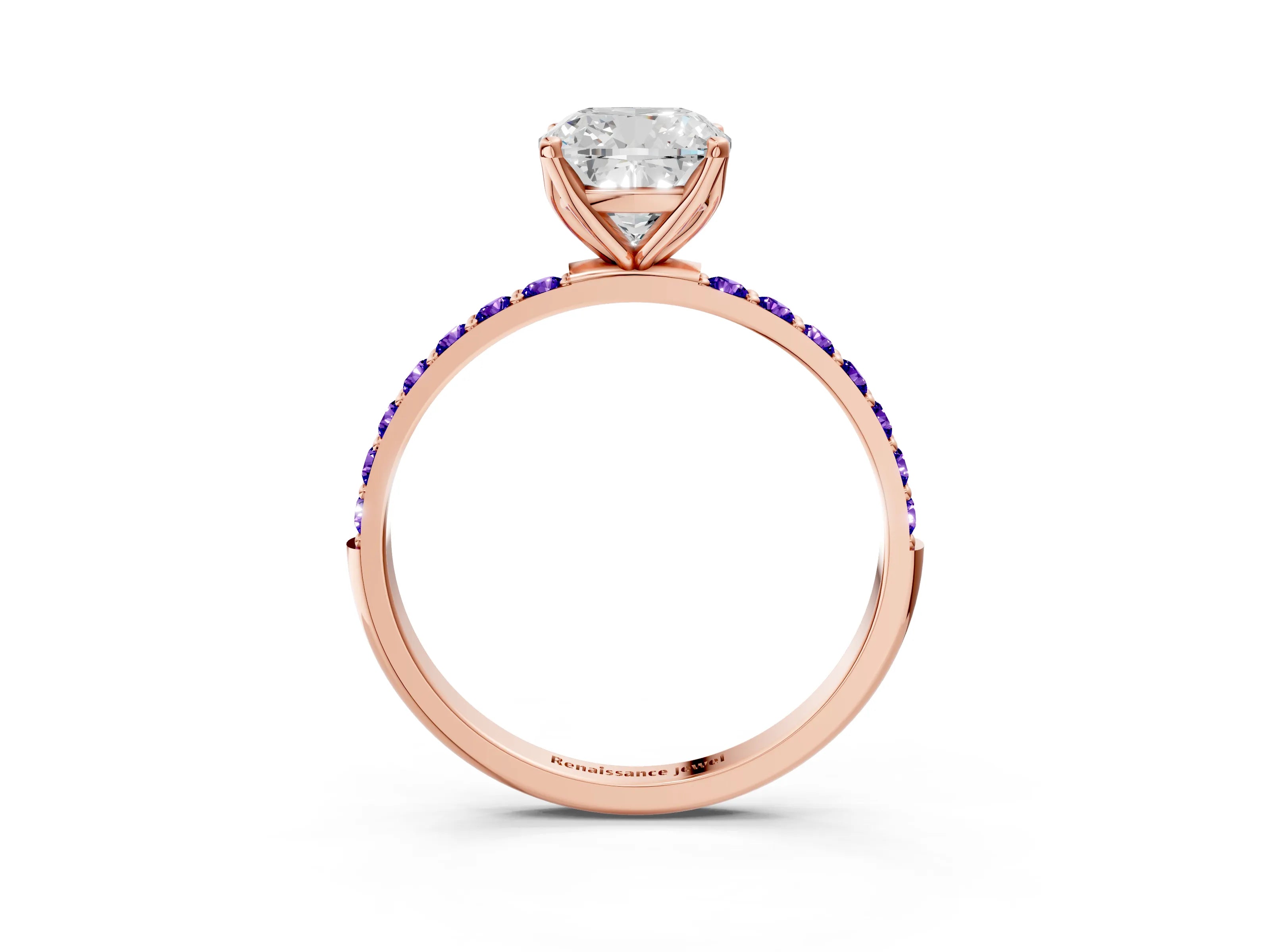 Rose gold Cushion Cut Diamond Solitaire Engagement Ring with Round with Tanzanite side stone Pavé Band and Prong Setting_3