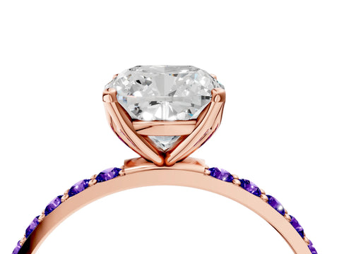 Rose gold Cushion Cut Diamond Solitaire Engagement Ring with Round with Tanzanite side stone Pavé Band and Prong Setting_4