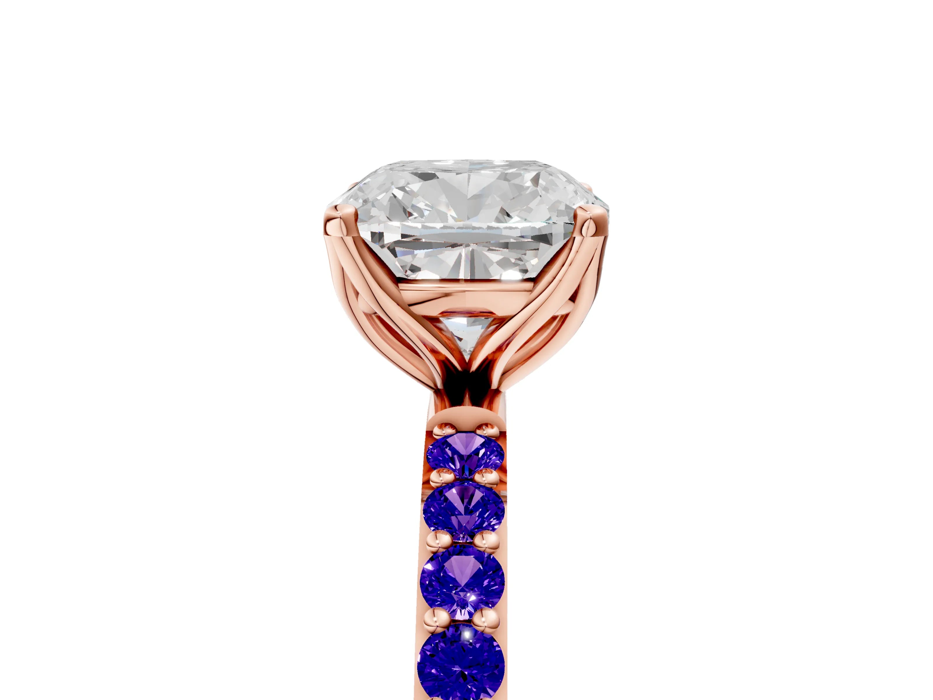 Rose gold Cushion Cut Diamond Solitaire Engagement Ring with Round with Tanzanite side stone Pavé Band and Prong Setting_5