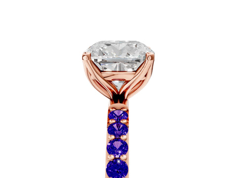 Rose gold Cushion Cut Diamond Solitaire Engagement Ring with Round with Tanzanite side stone Pavé Band and Prong Setting_5