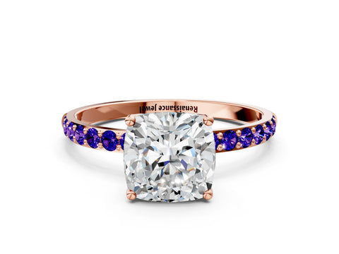 Rose gold Cushion Cut Diamond Solitaire Engagement Ring with Round with Tanzanite side stone Pavé Band and Prong Setting