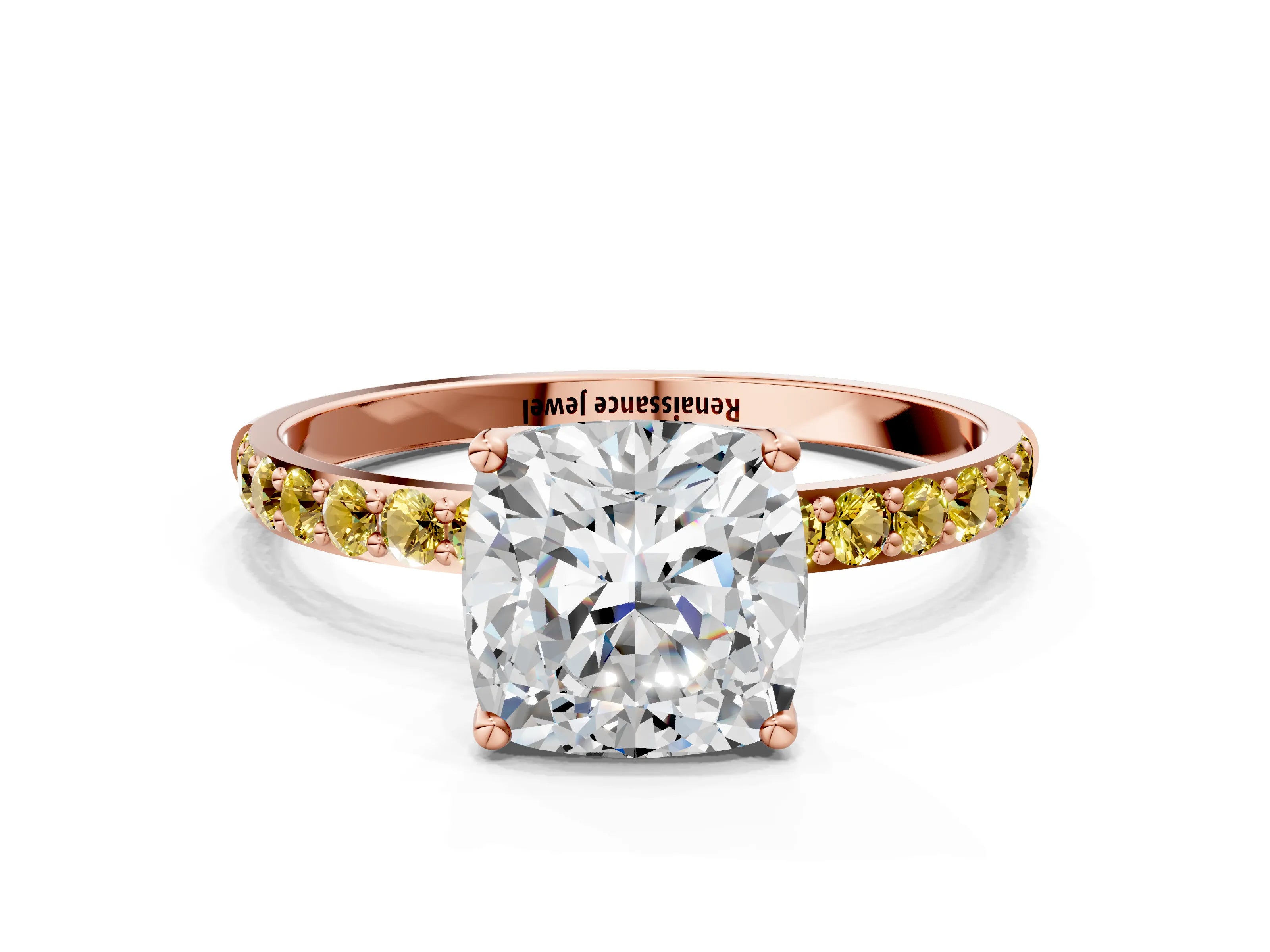 Rose gold Cushion Cut Diamond Solitaire Engagement Ring with Round with Yellow Sapphire side stone Pavé Band and Prong Setting
