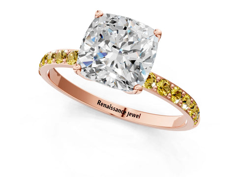 Rose gold Cushion Cut Diamond Solitaire Engagement Ring with Round with Yellow Sapphire side stone Pavé Band and Prong Setting_1