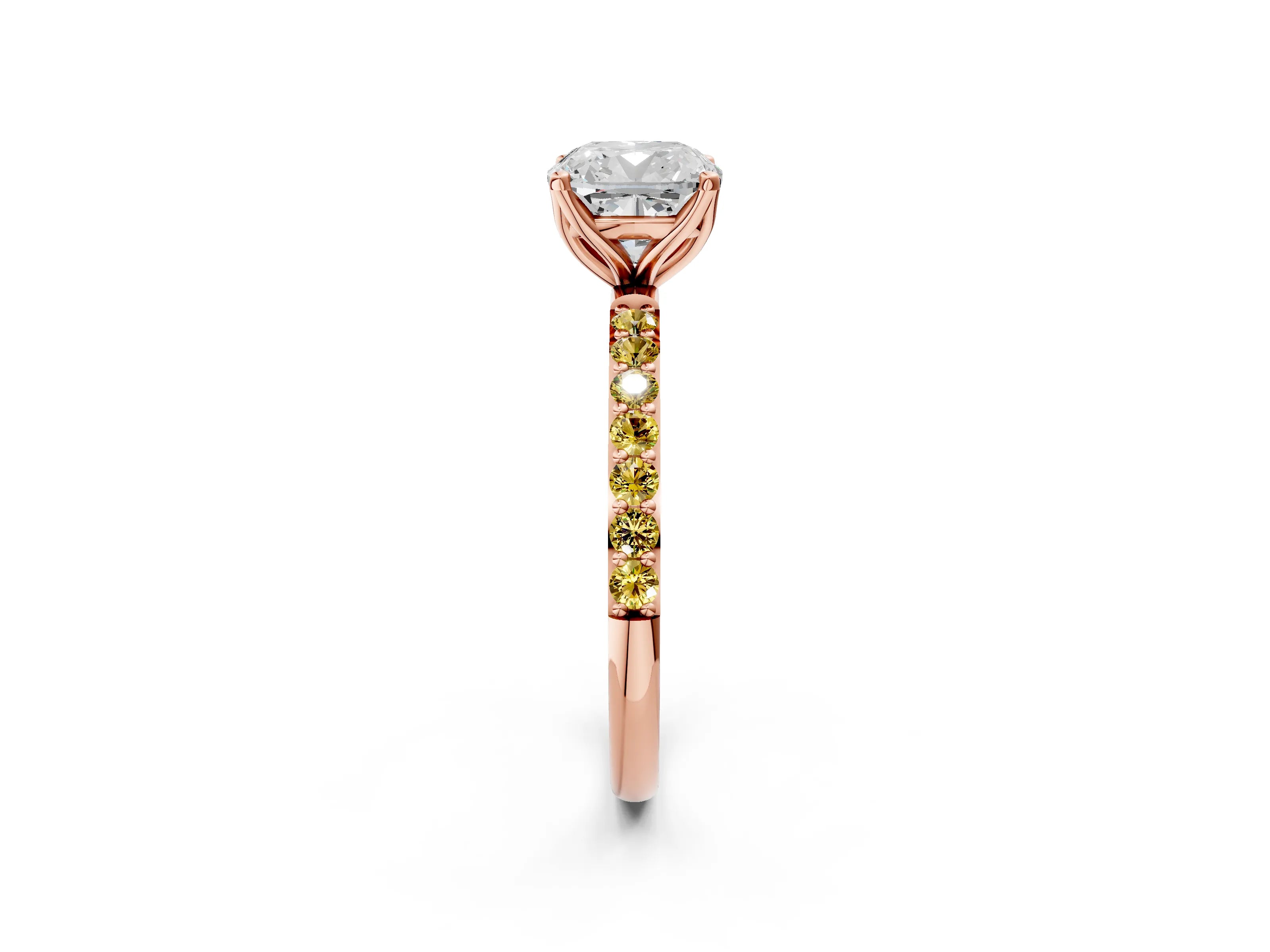 Rose gold Cushion Cut Diamond Solitaire Engagement Ring with Round with Yellow Sapphire side stone Pavé Band and Prong Setting_2