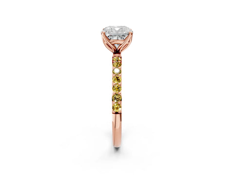 Rose gold Cushion Cut Diamond Solitaire Engagement Ring with Round with Yellow Sapphire side stone Pavé Band and Prong Setting_2