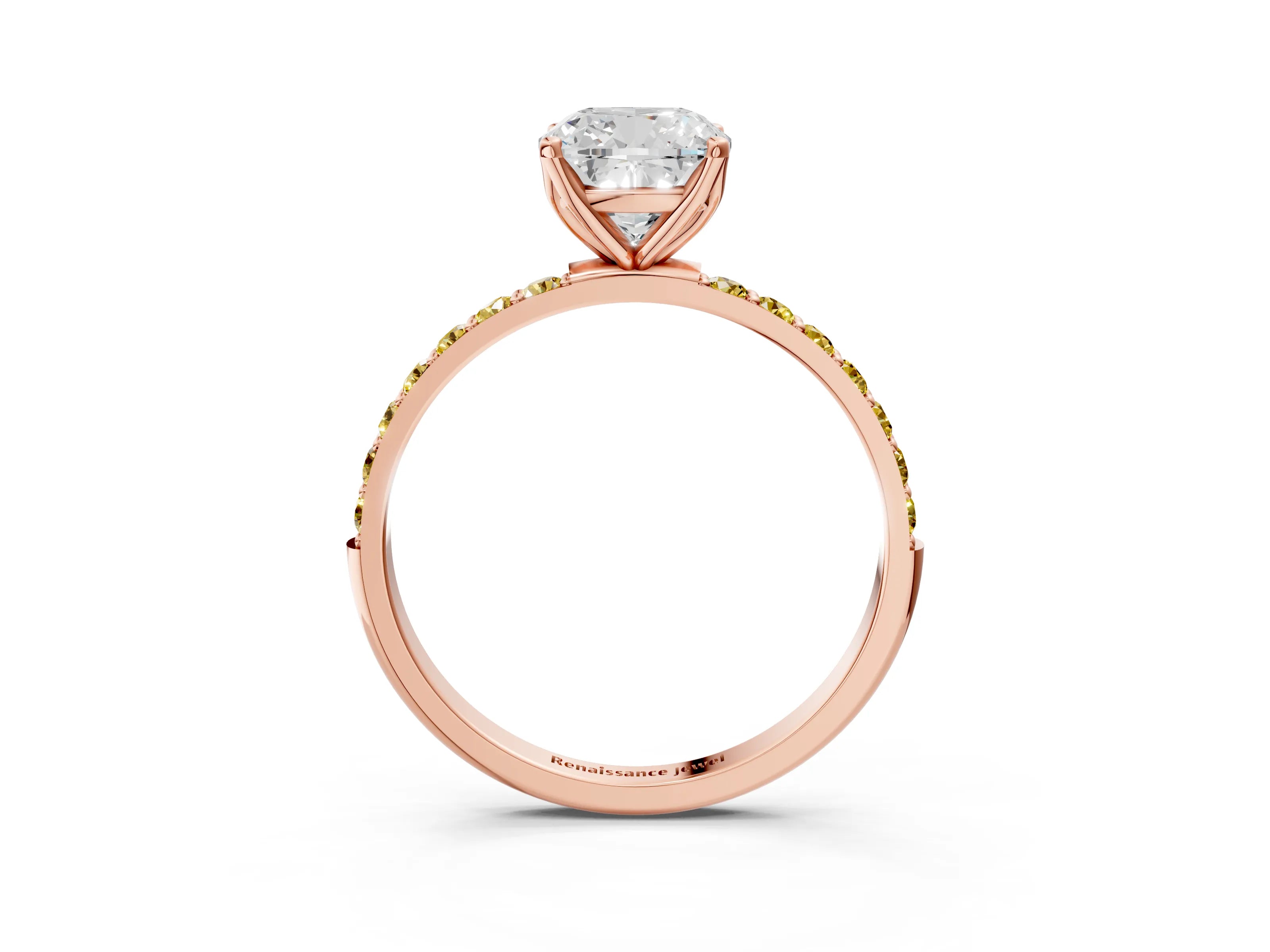 Rose gold Cushion Cut Diamond Solitaire Engagement Ring with Round with Yellow Sapphire side stone Pavé Band and Prong Setting_3