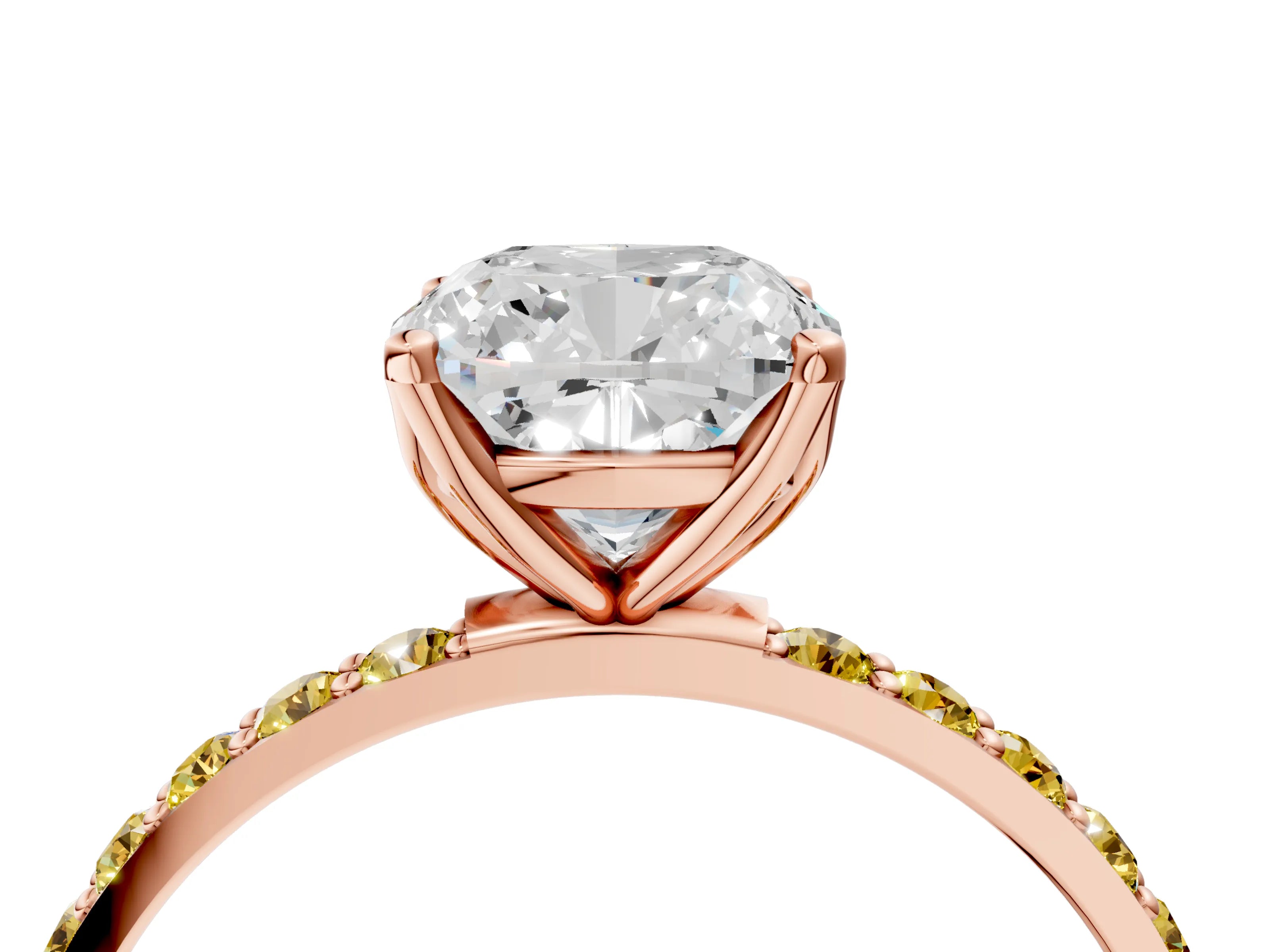 Rose gold Cushion Cut Diamond Solitaire Engagement Ring with Round with Yellow Sapphire side stone Pavé Band and Prong Setting_4