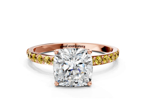 Rose gold Cushion Cut Diamond Solitaire Engagement Ring with Round with Yellow Sapphire side stone Pavé Band and Prong Setting