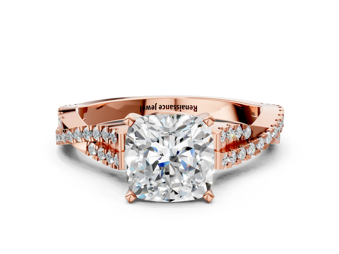 Rose gold Cushion Cut Diamond Solitaire Engagement Ring with Twisted Pavé Band and Four-Prong Setting_50