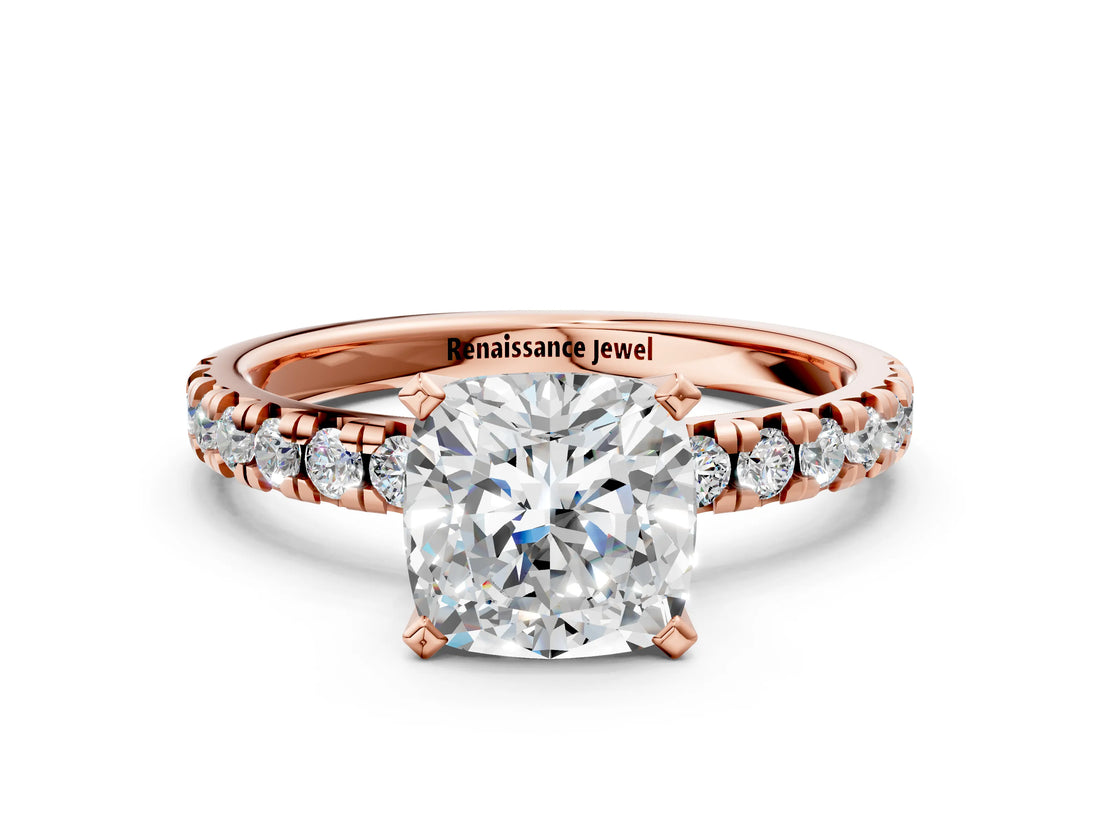 Rose gold Cushion Cut Diamond Solitaire Pavé Engagement Ring with Round Band and Prong Setting_68
