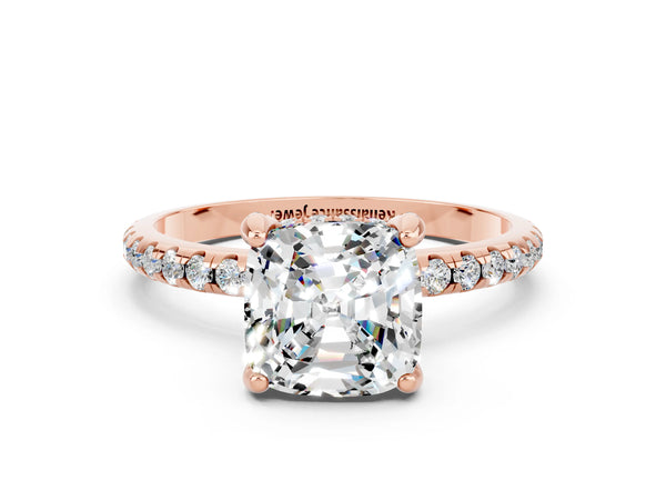 Rose gold Cushion Cut Moissanite Hidden Halo Engagement Ring with Round Pavé Band and Prong Setting