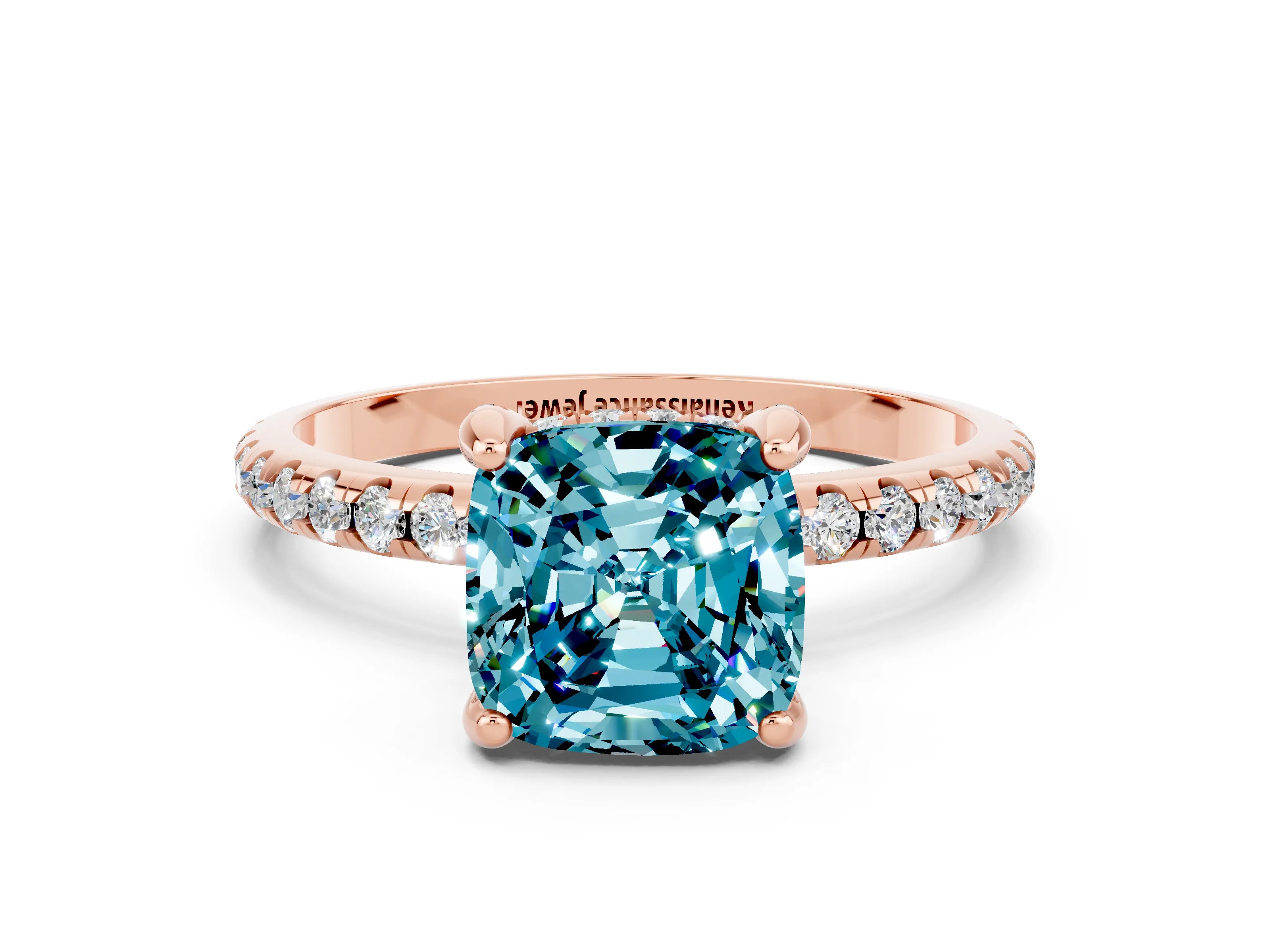 Rose gold Cushion Cut Diamond Solitaire Ring with Four-Prong Setting and Pavé Band
