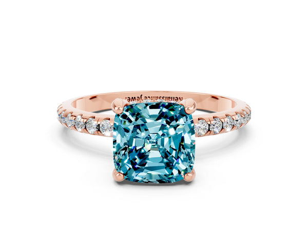 Rose gold Cushion Cut Diamond Solitaire Ring with Four-Prong Setting and Pavé Band