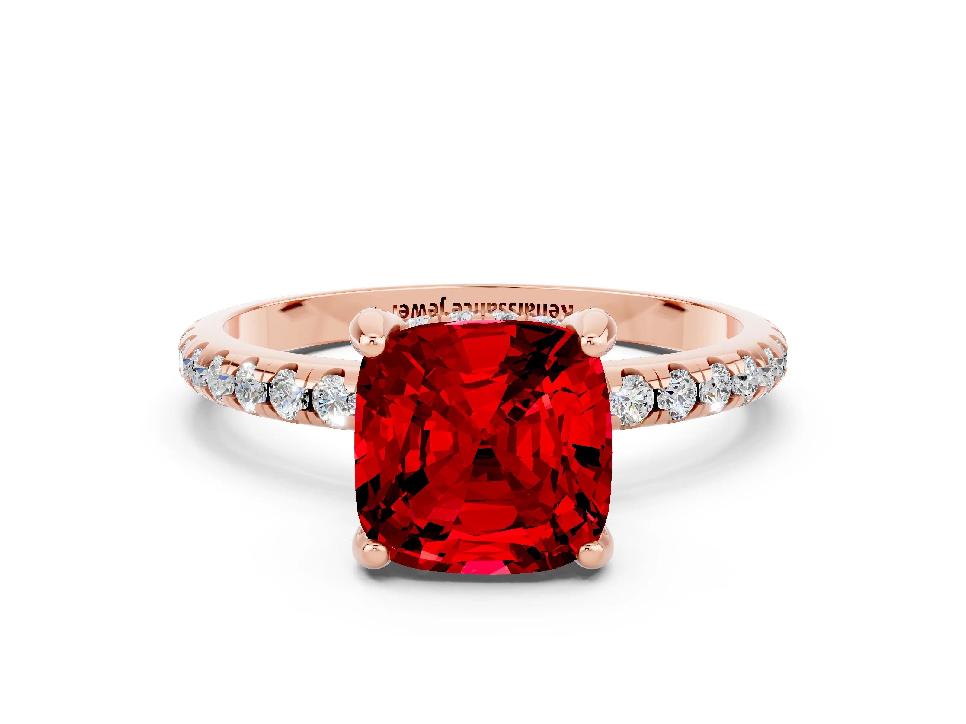 Rose gold Cushion Cut Diamond Solitaire Ring with Four-Prong Setting and Pavé Band