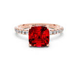 Rose gold Cushion Cut Diamond Solitaire Ring with Four-Prong Setting and Pavé Band