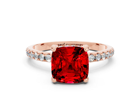 Rose gold Cushion Cut Diamond Solitaire Ring with Four-Prong Setting and Pavé Band