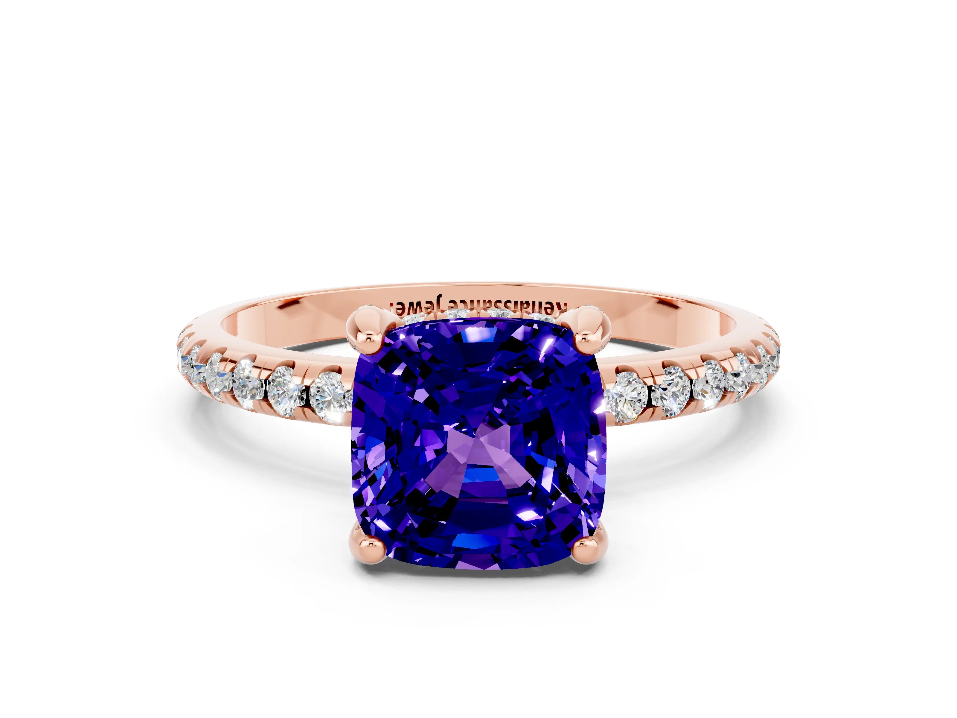 Rose gold Cushion Cut Diamond Solitaire Ring with Four-Prong Setting and Pavé Band