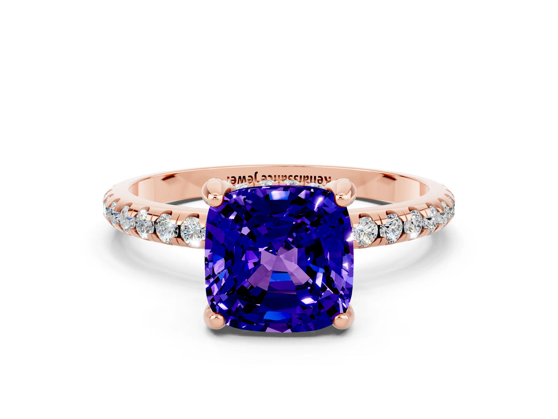 Rose gold Cushion Cut Diamond Solitaire Ring with Four-Prong Setting and Pavé Band