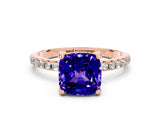 Rose gold Cushion Cut Diamond Solitaire Ring with Four-Prong Setting and Pavé Band