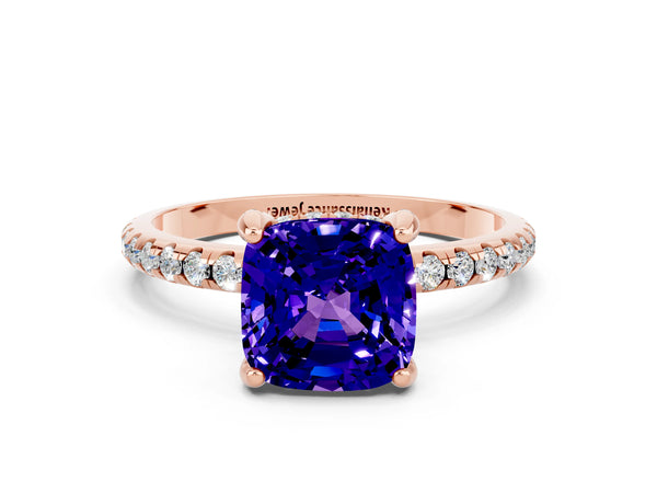 Rose gold Cushion Cut Tanzanite Hidden Halo Engagement Ring with Round Pavé Band and Prong Setting