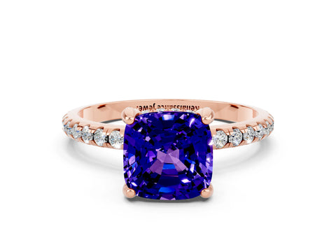 Rose gold Cushion Cut Diamond Solitaire Ring with Four-Prong Setting and Pavé Band