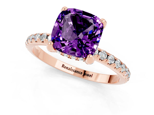 Rose gold Cushion Cut Amethyst Hidden Halo Engagement Ring with Round Pavé Band and Prong Setting