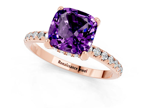 Rose gold Cushion Cut Diamond Solitaire Ring with Four-Prong Setting and Pavé Band_1
