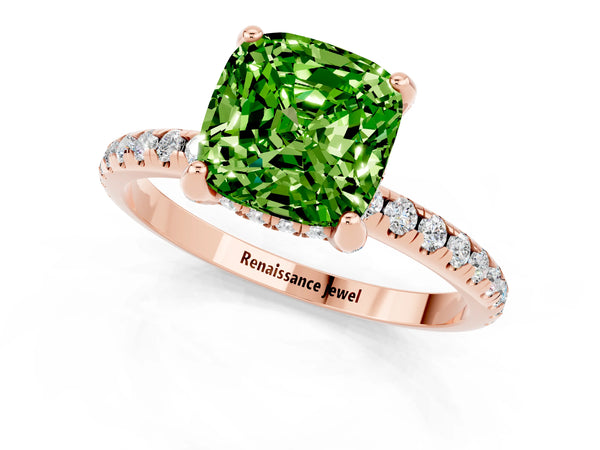 Rose gold Cushion Cut Diamond Solitaire Ring with Four-Prong Setting and Pavé Band