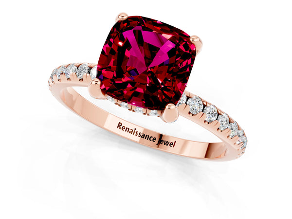 Rose gold Cushion Cut Garnet Hidden Halo Engagement Ring with Round Pavé Band and Prong Setting