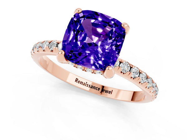 Rose gold Cushion Cut Tanzanite Hidden Halo Engagement Ring with Round Pavé Band and Prong Setting