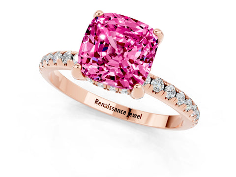 Rose gold Cushion Cut Diamond Solitaire Ring with Four-Prong Setting and Pavé Band_1
