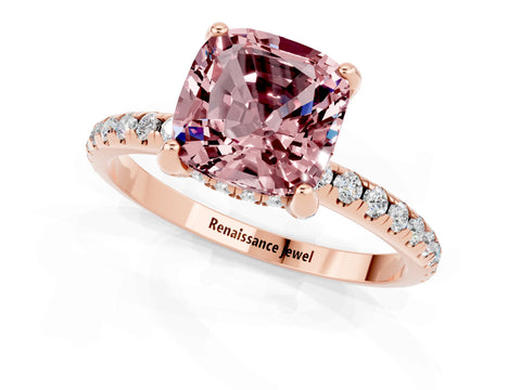 Rose gold Cushion Cut Diamond Solitaire Ring with Four-Prong Setting and Pavé Band_1