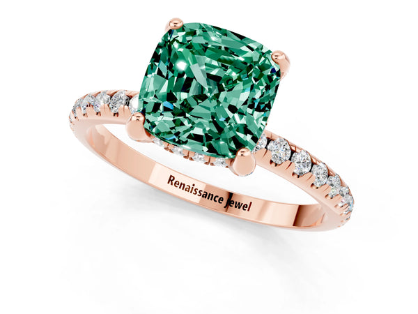 Rose gold Cushion Cut Green Sapphire Hidden Halo Engagement Ring with Round Pavé Band and Prong Setting