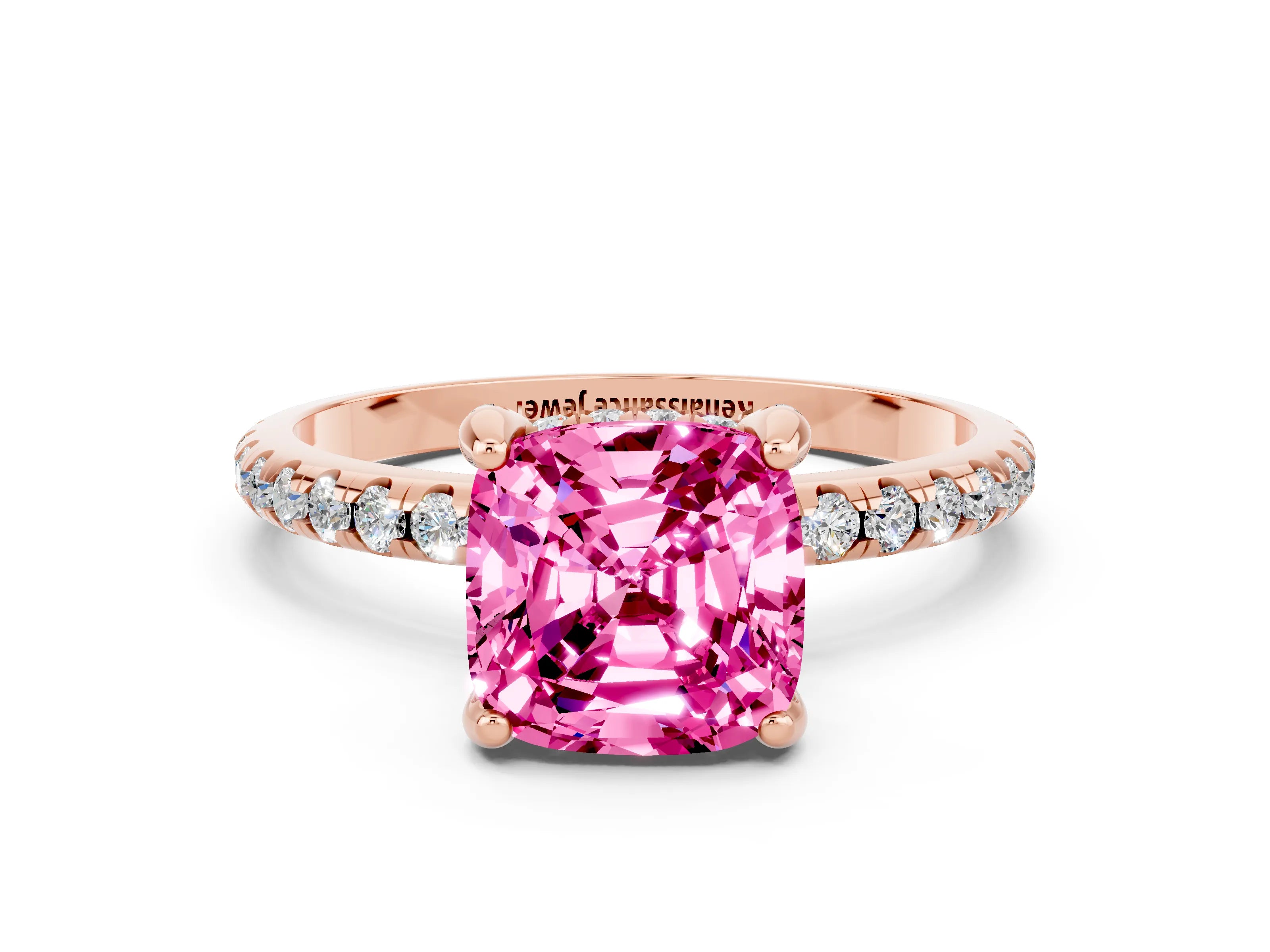 Rose gold Cushion Cut Diamond Solitaire Ring with Four-Prong Setting and Pavé Band